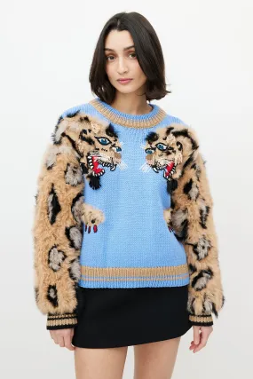 Blue & Brown Wool Fuzzy Print Sweater