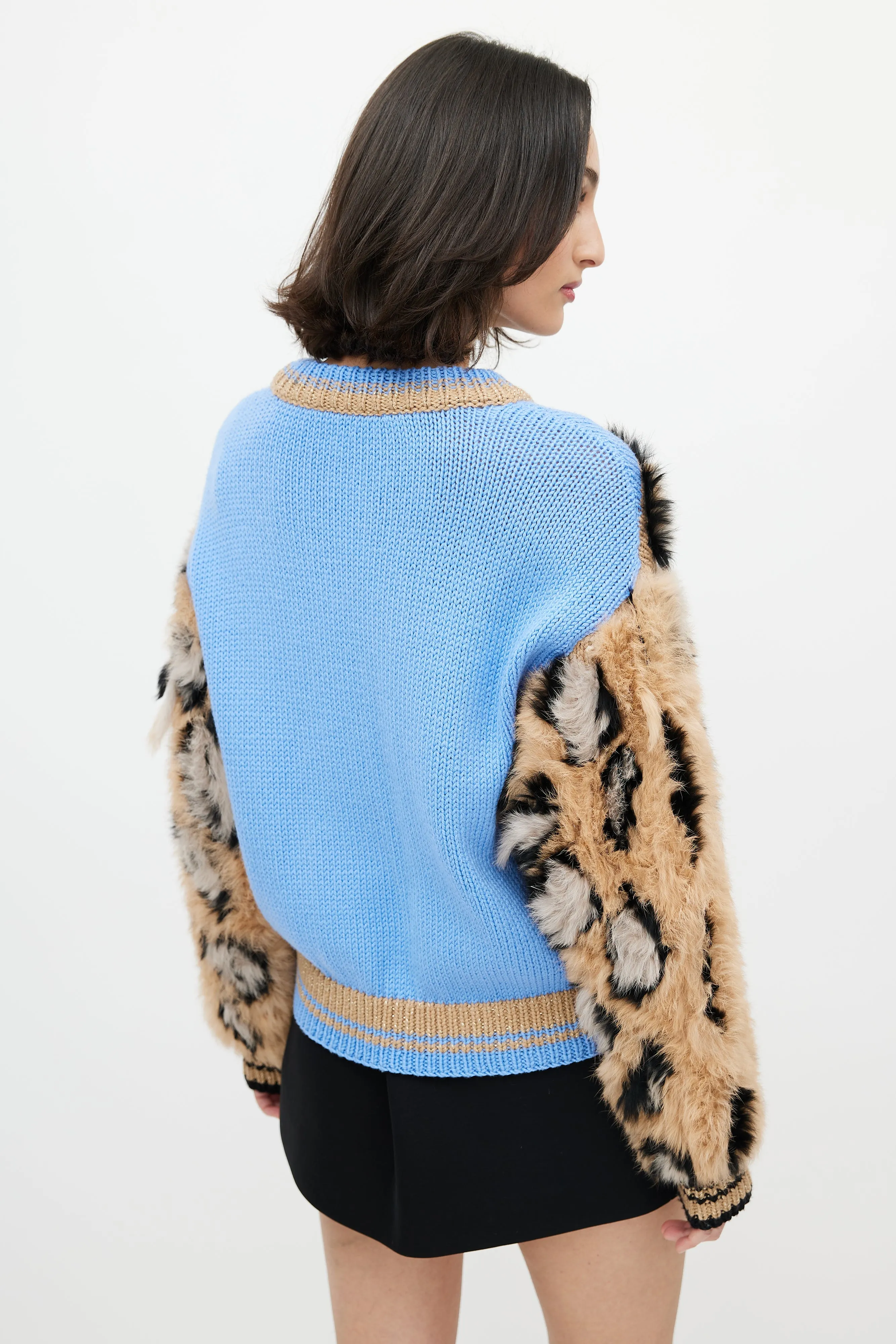 Blue & Brown Wool Fuzzy Print Sweater
