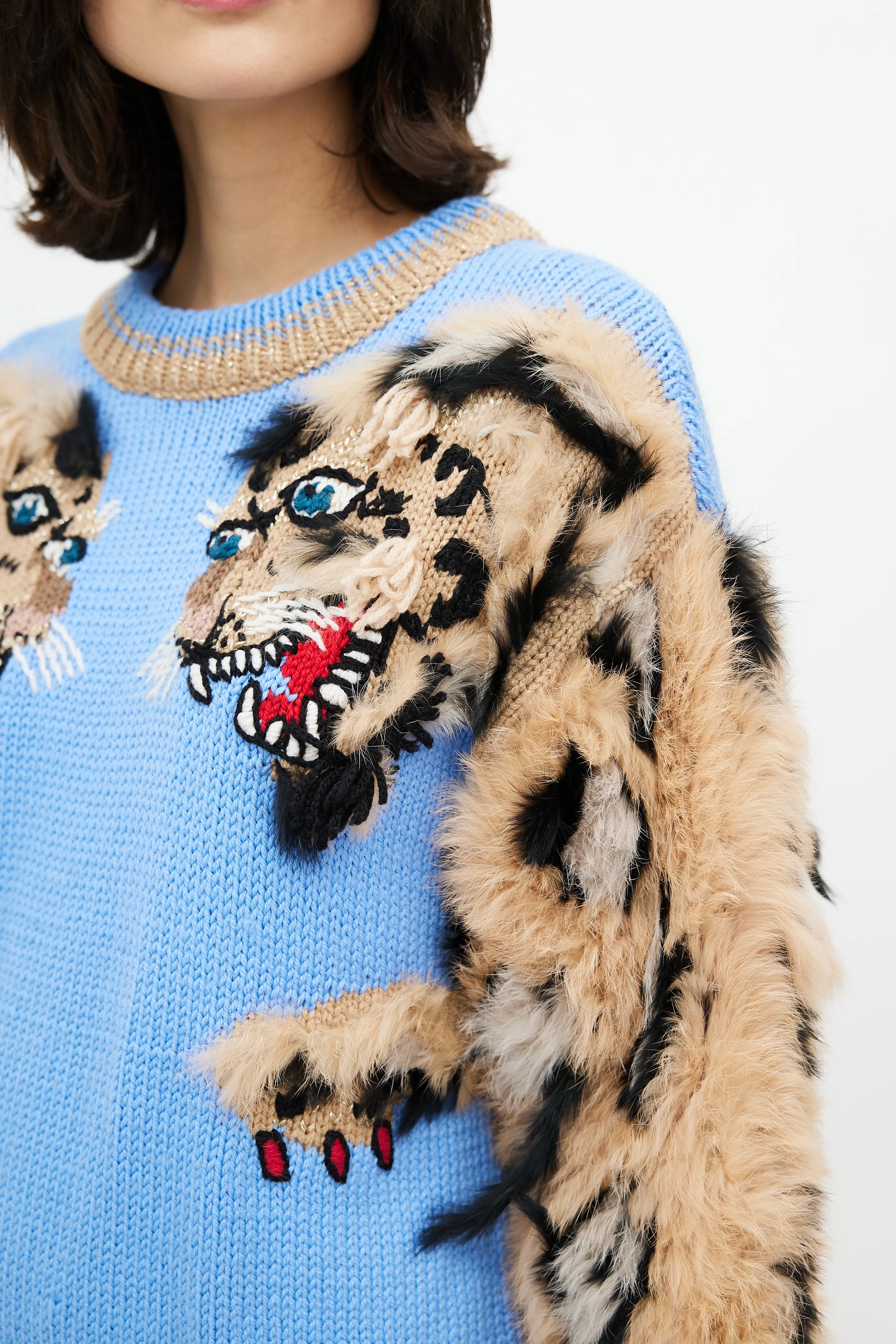 Blue & Brown Wool Fuzzy Print Sweater