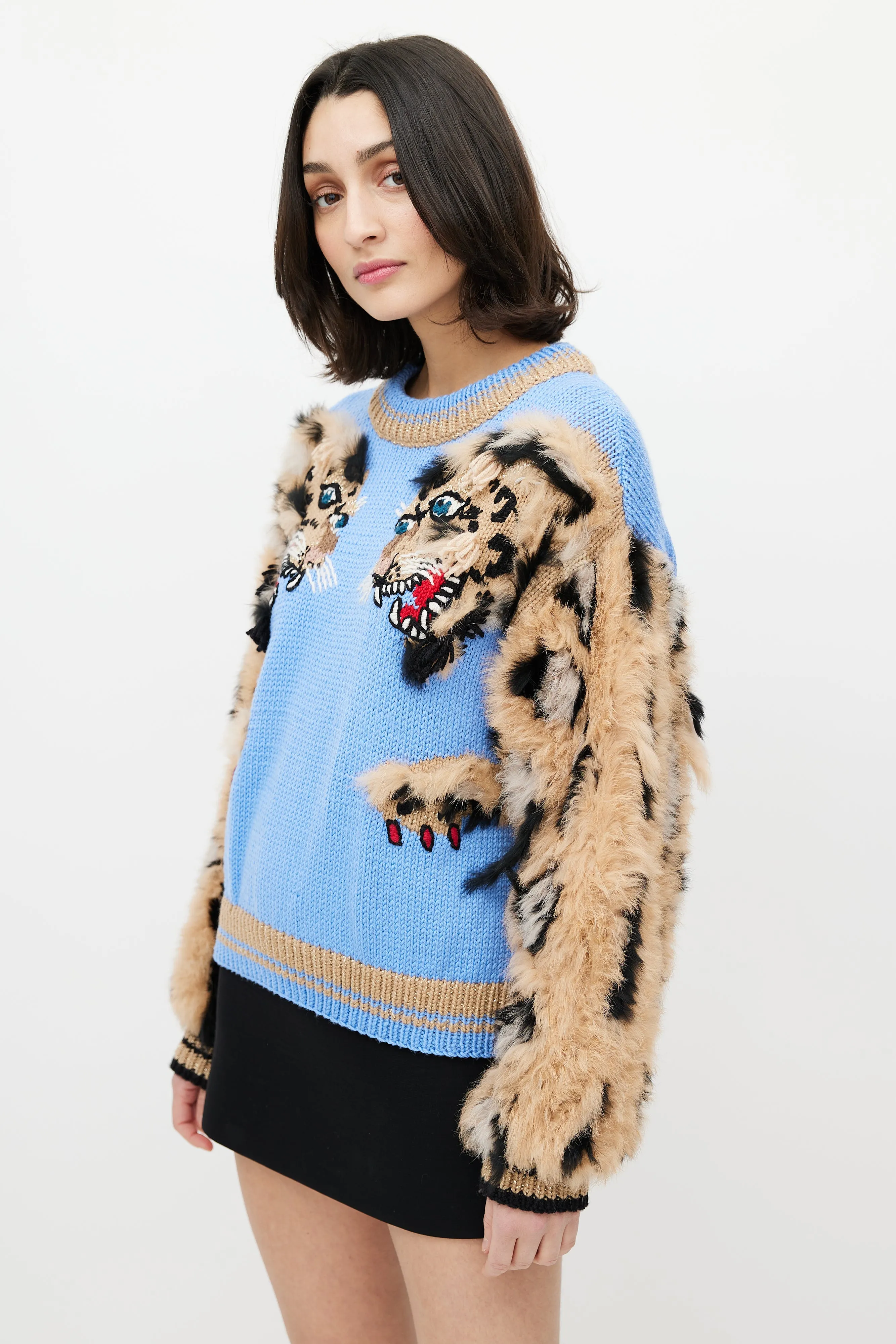 Blue & Brown Wool Fuzzy Print Sweater