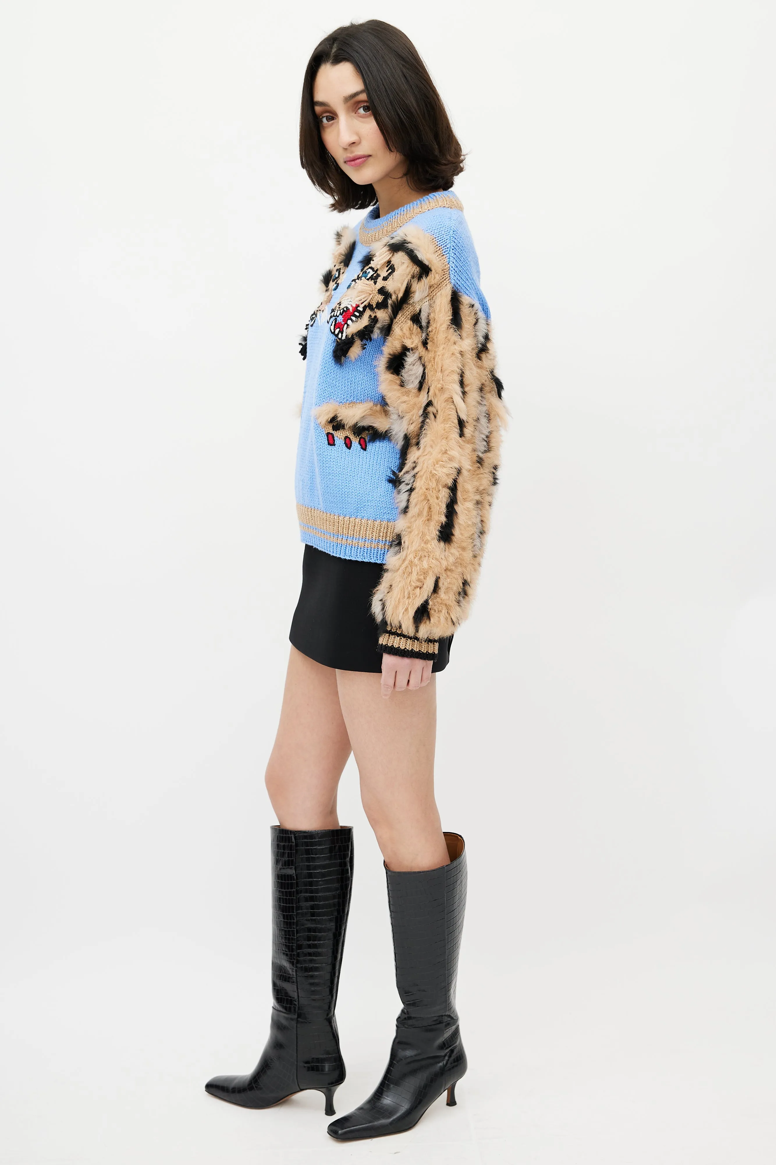 Blue & Brown Wool Fuzzy Print Sweater
