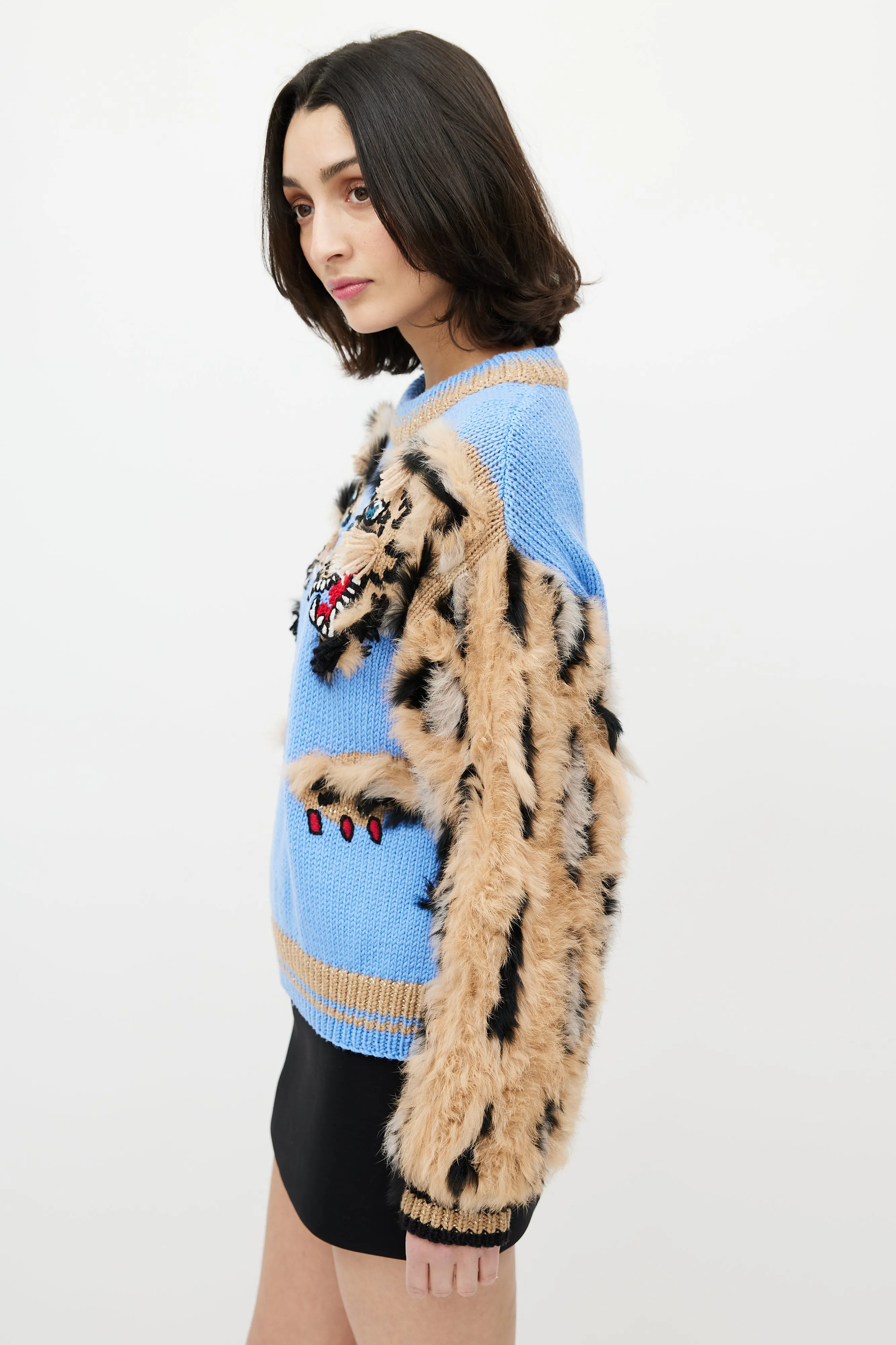 Blue & Brown Wool Fuzzy Print Sweater