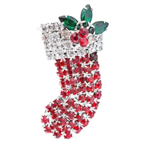 Christmas Jewelry Red Socks Silver Tone Crystal Rhinestone Charm Pin Brooch