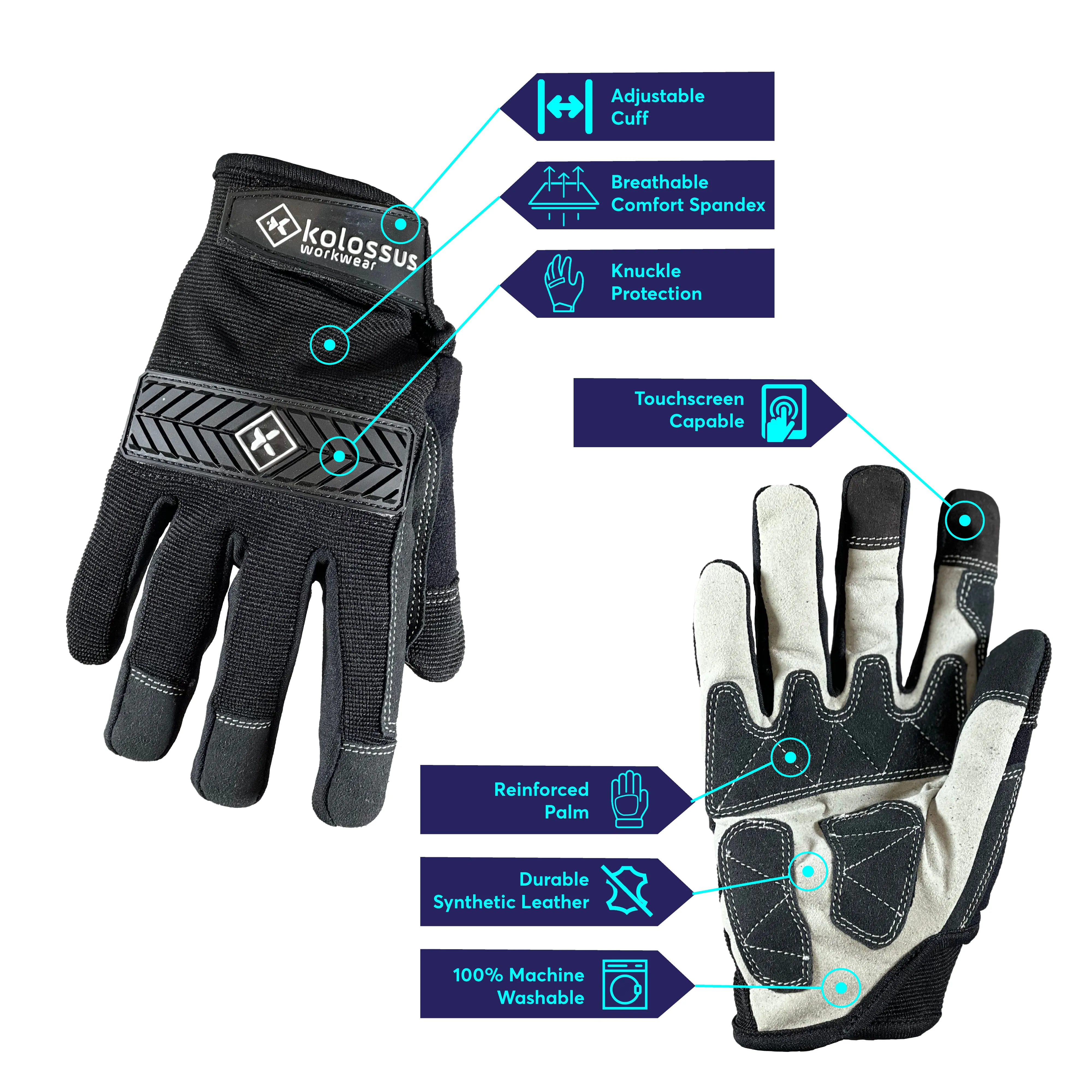 Kolossus work gloves, heavy duty, flex grip, and touch capable