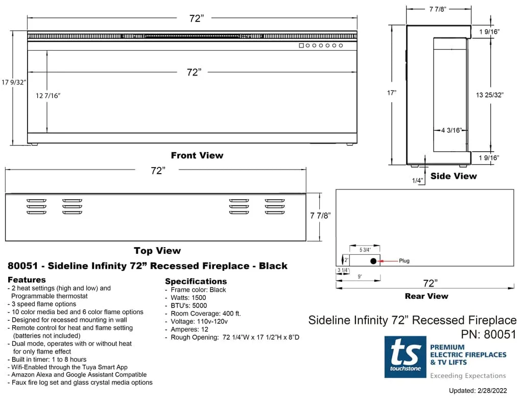 Sideline Infinity 72 Inch 3 Sided Recessed Smart Electric Fireplace 80051