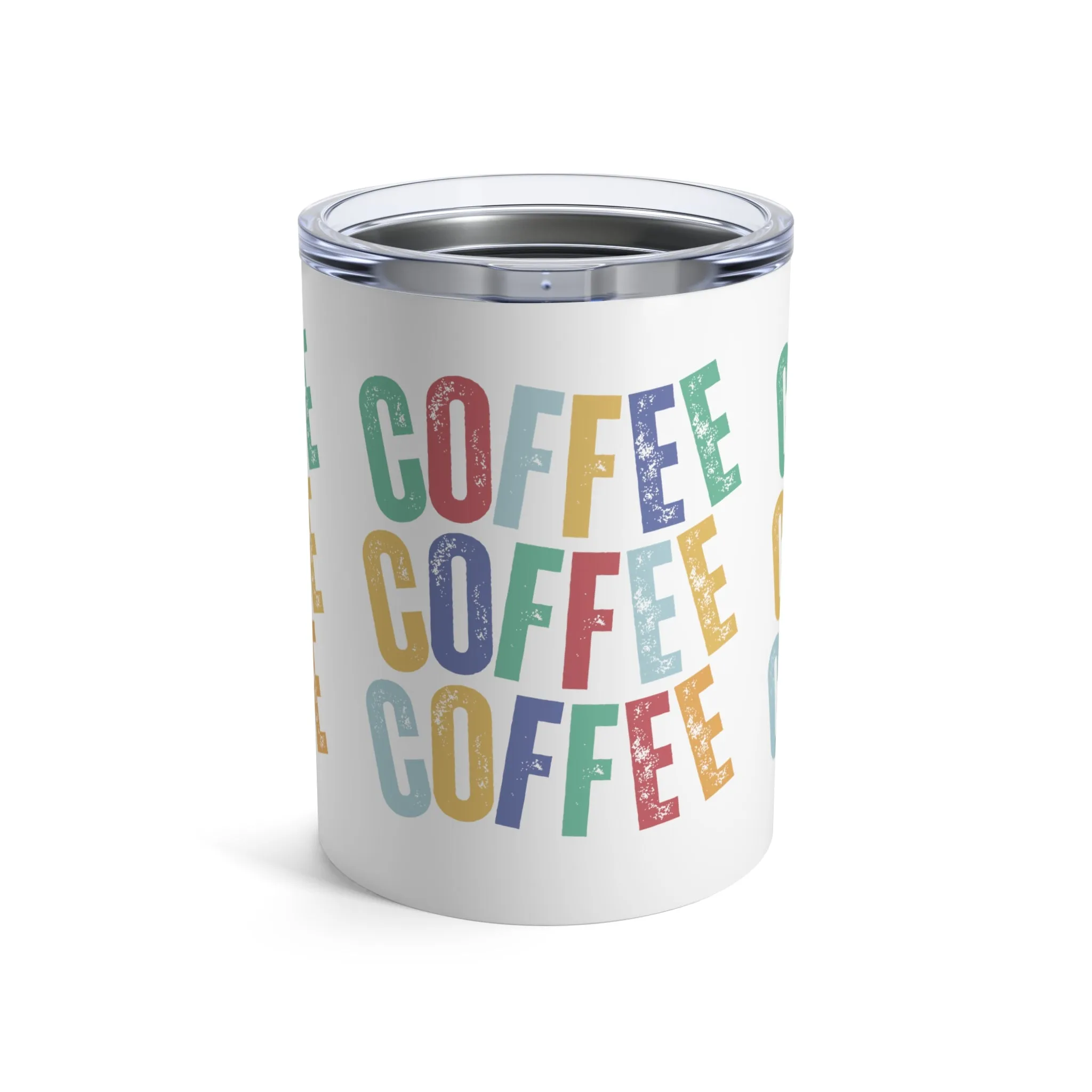 Stainless Steel 10 Ounce Tumbler with Lid - Vibrant Multi-Color 'Coffee Coffee Coffee' Insulated Travel Mug for Hot and Cold Beverages