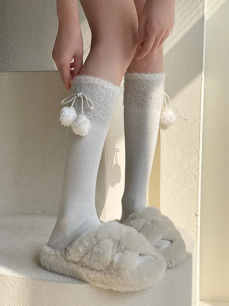 White/Black Bow Calf Socks With Pompons
