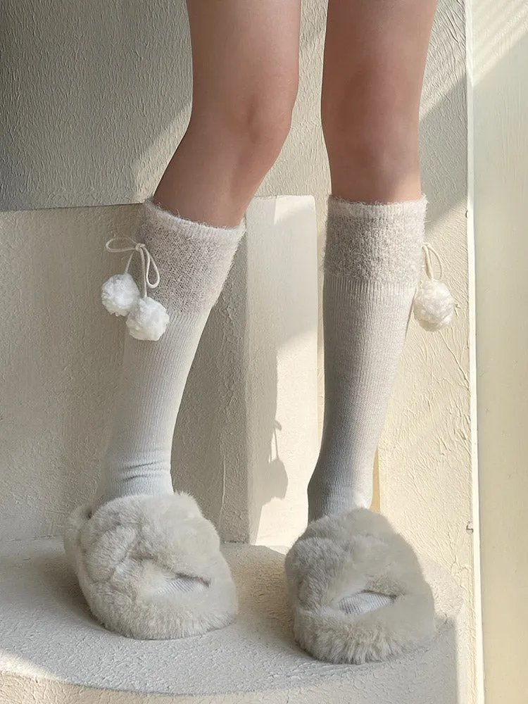 White/Black Bow Calf Socks With Pompons