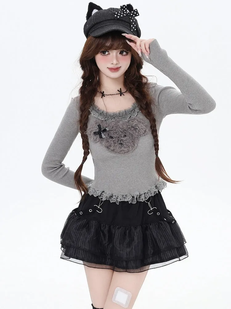 White/Grey/Black Plush Puppy Applique Lace Trim Knit Top