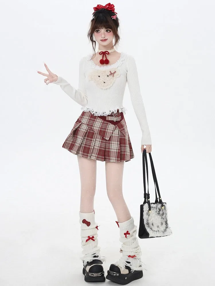 White/Grey/Black Plush Puppy Applique Lace Trim Knit Top