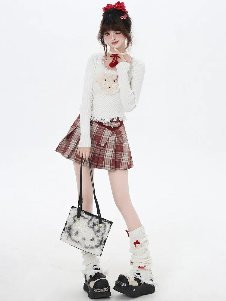 White/Grey/Black Plush Puppy Applique Lace Trim Knit Top