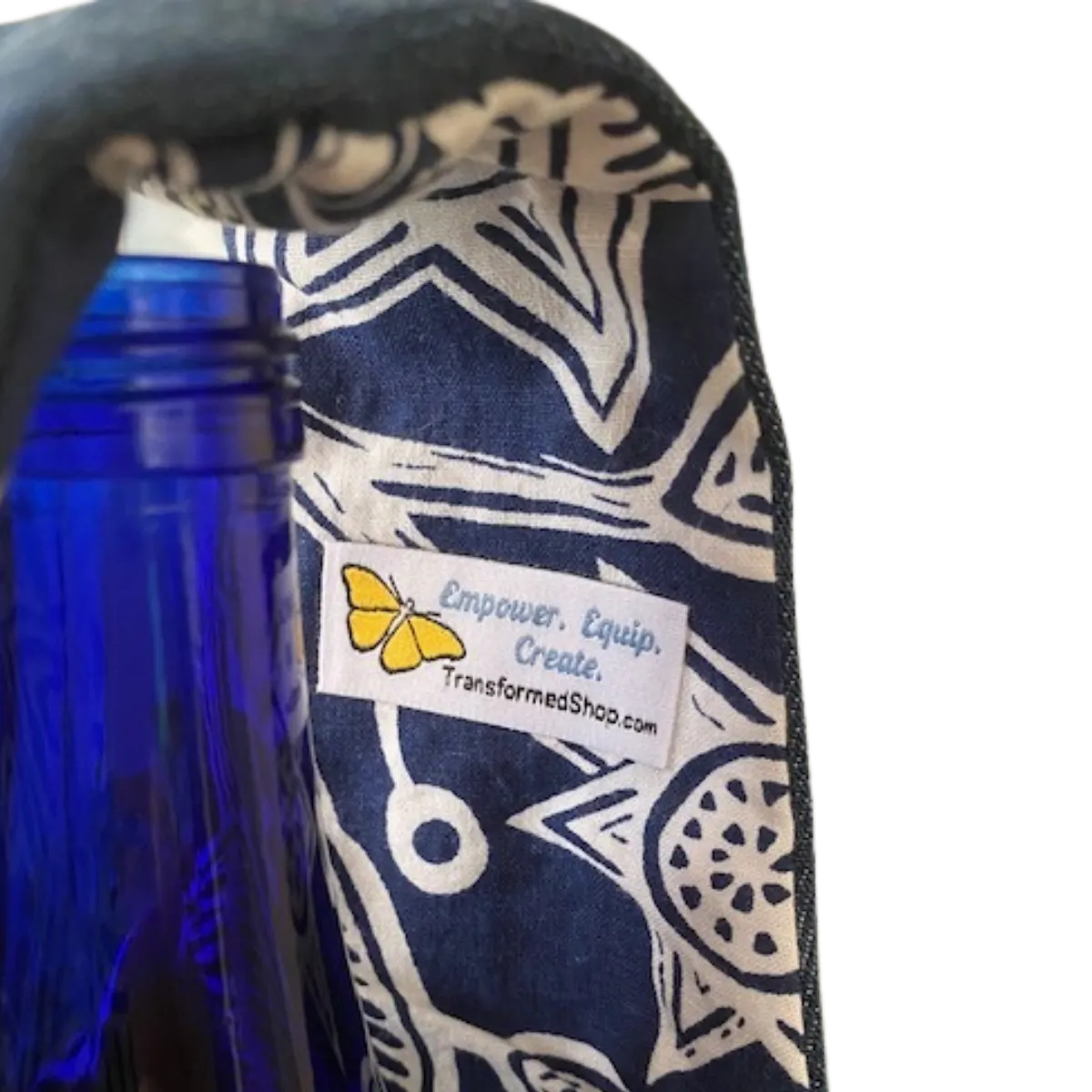 WINE TOTE - Repurposed Denim - Patterned Lining – Housewarming Gift
