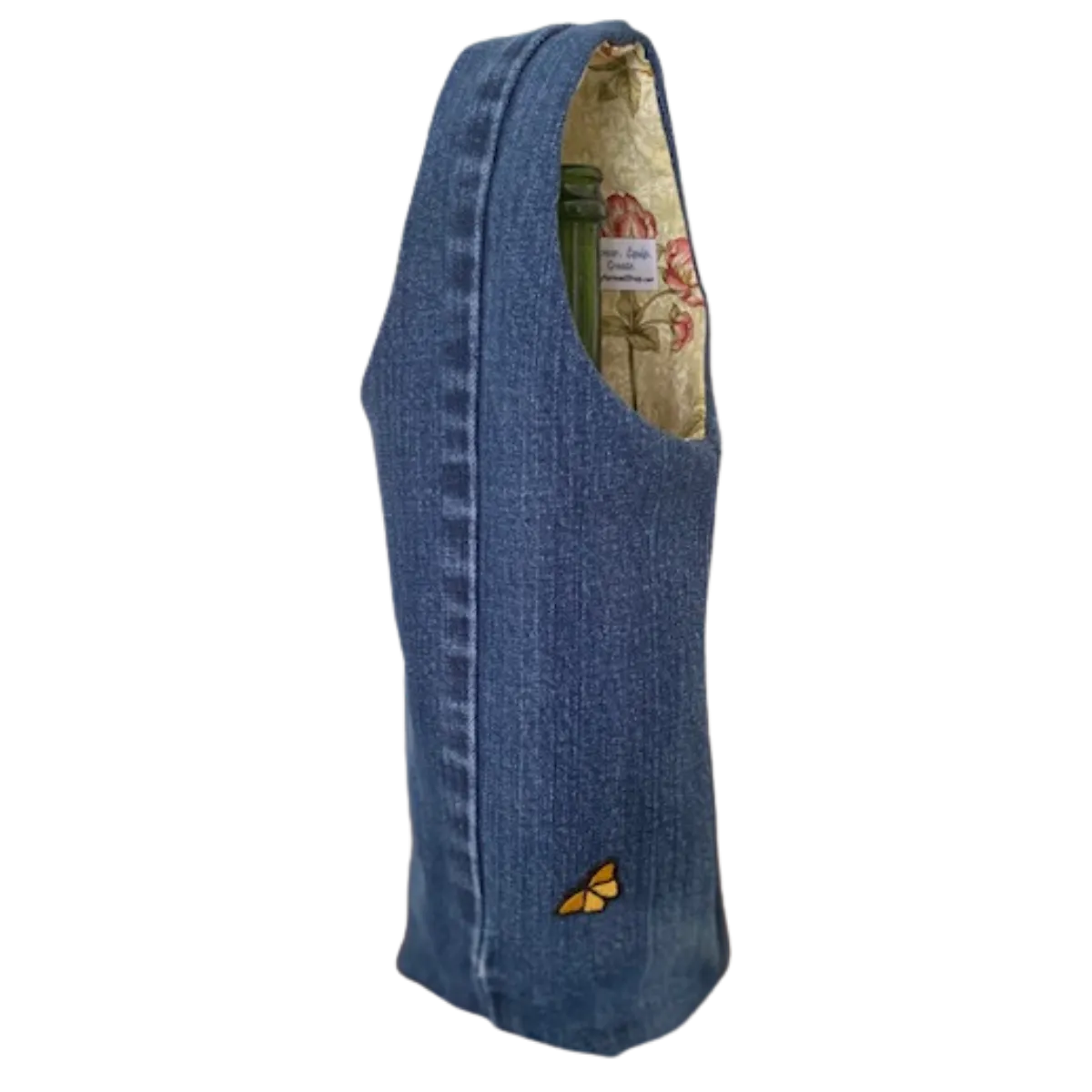 WINE TOTE - Repurposed Denim - Patterned Lining – Housewarming Gift